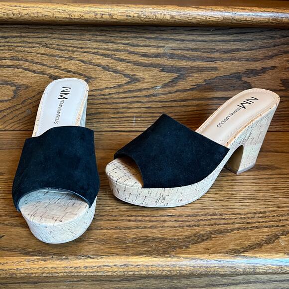 Neiman Marcus Black Suede Cork-Heeled Platform Sandals- SIZE 8M - Picture 8 of 11